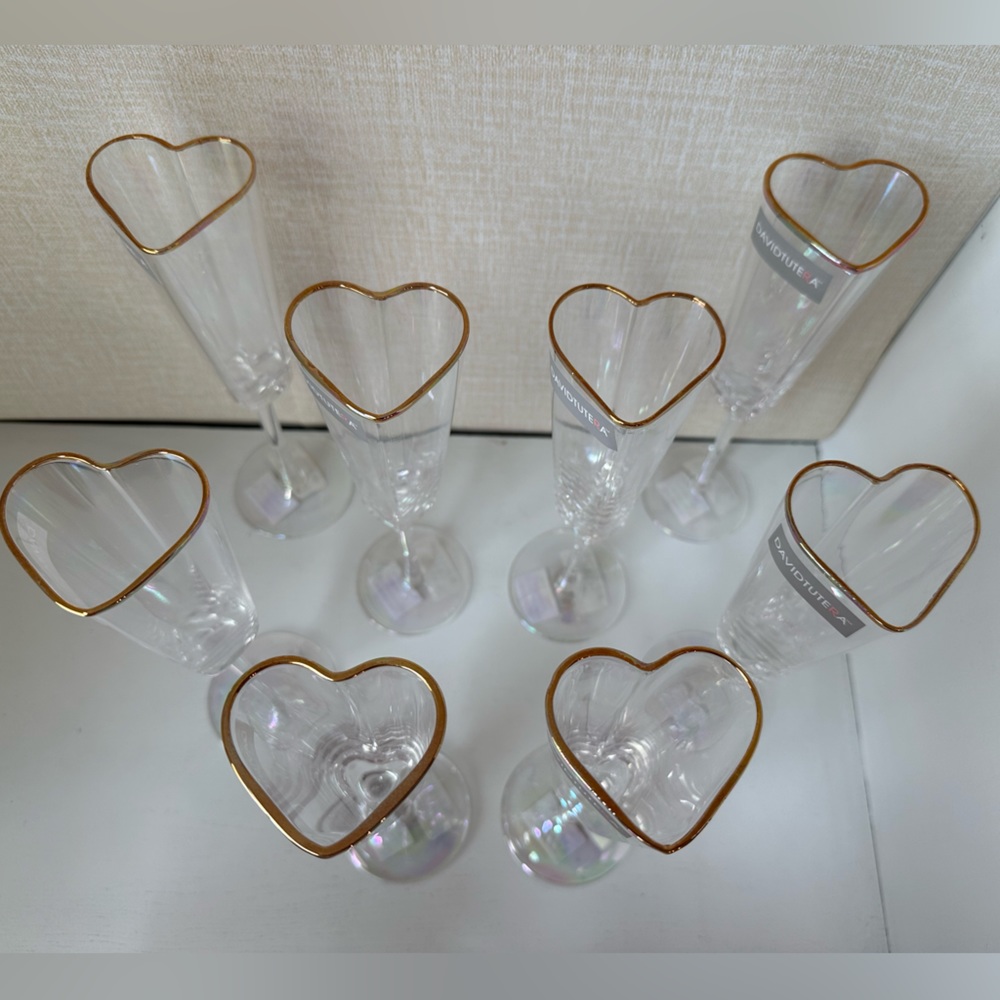 8 David Tutera Gold Heart Wedding Valentine Event Iridescent Champagne Glasses